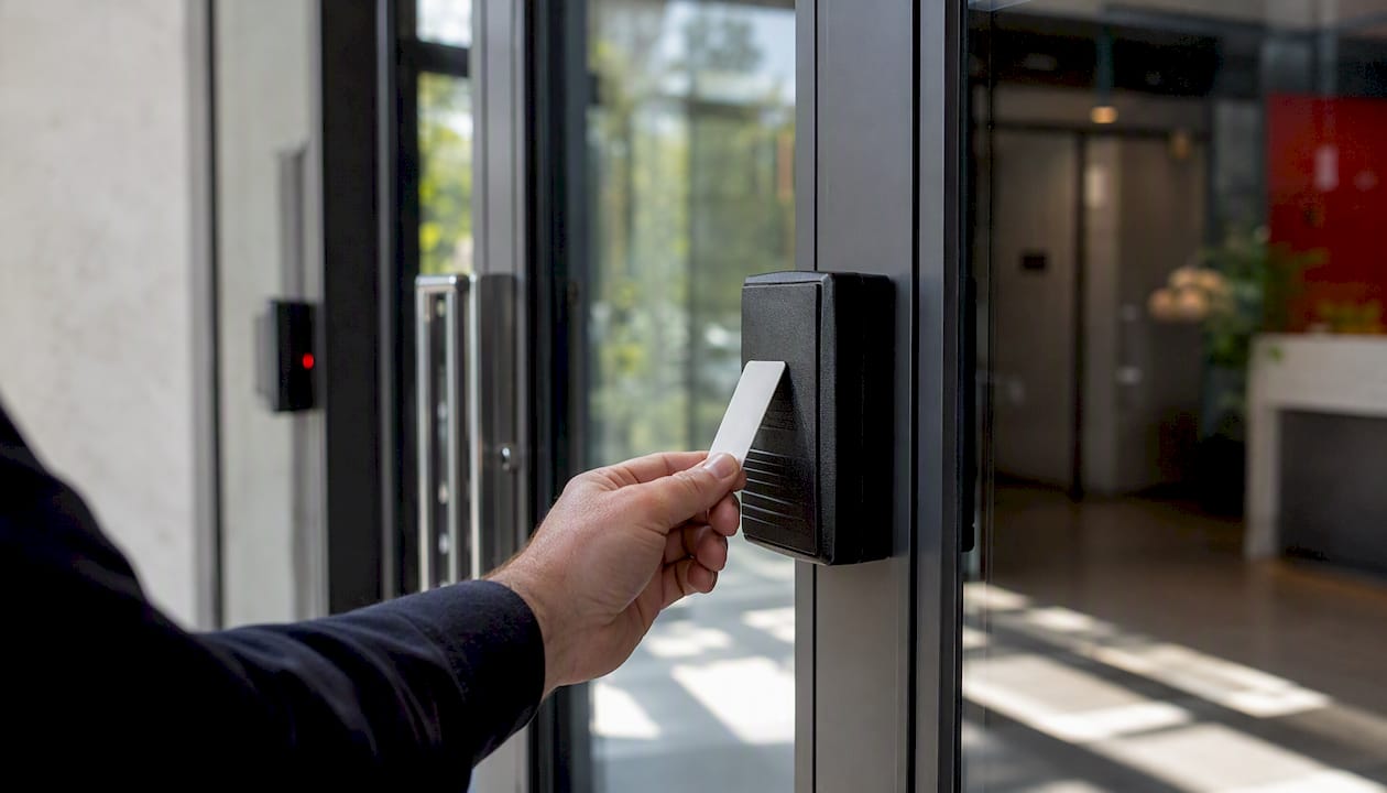 Hands holding fingerprint scanner by access keypad