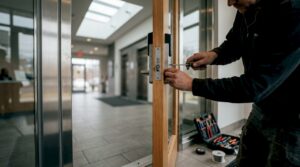 Technician installing electronic door lock hardware
