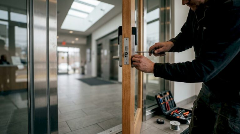 Technician installing electronic door lock hardware