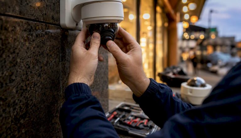 Technician adjusting security camera lens