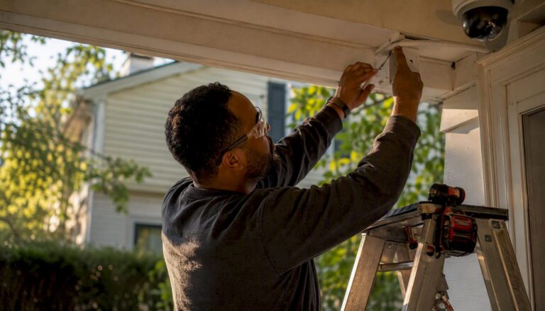 Technician installing security camera on home exterior