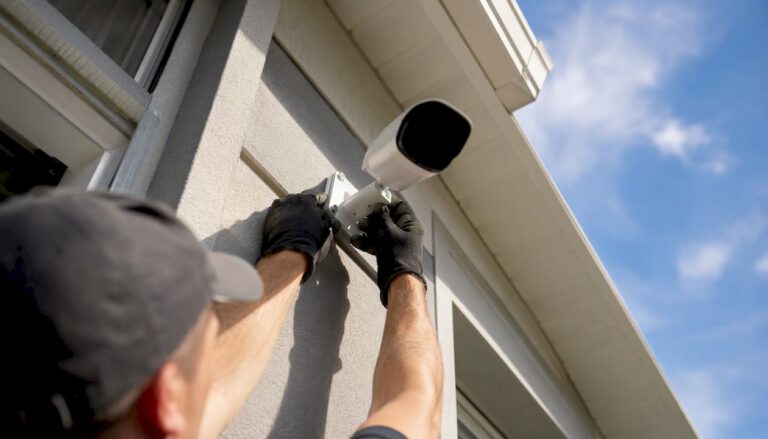 Installer adjusting security camera bracket outdoors
