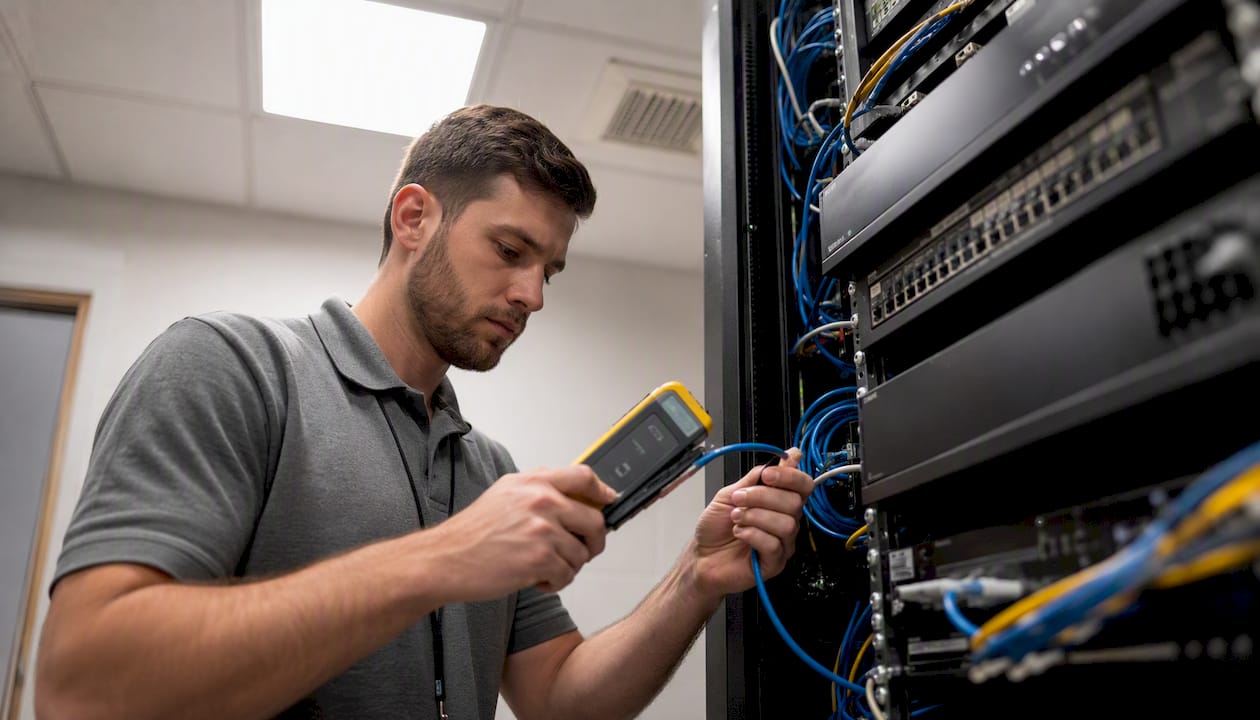 Technician testing network cables for surveillance system