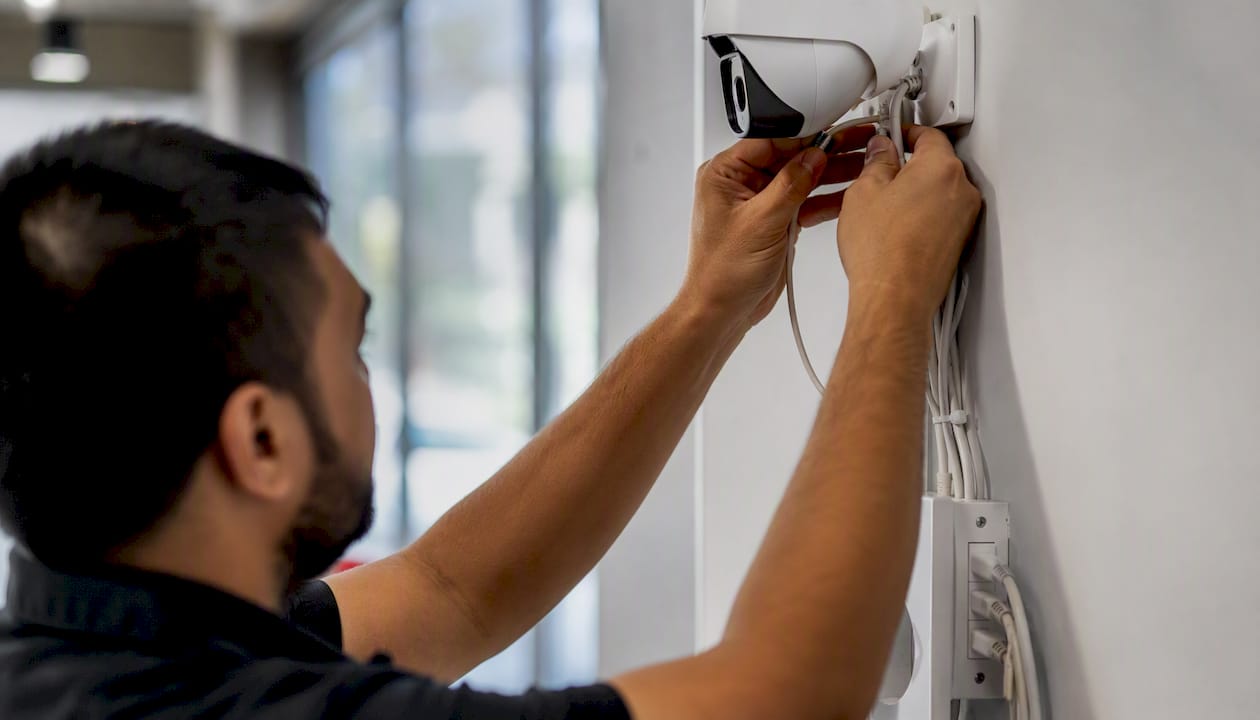Hands connecting Ethernet cables to security camera