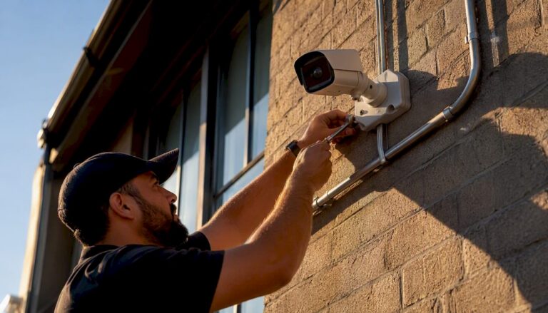 Technician installing security camera outdoors