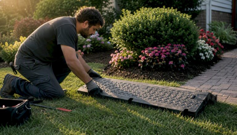 Technician installing rubber cable ramp outdoors