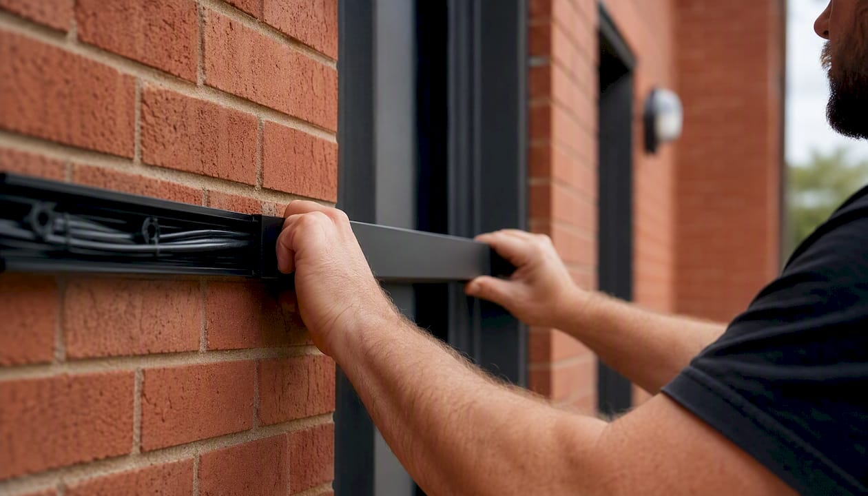 Hands installing outdoor cable raceway on building