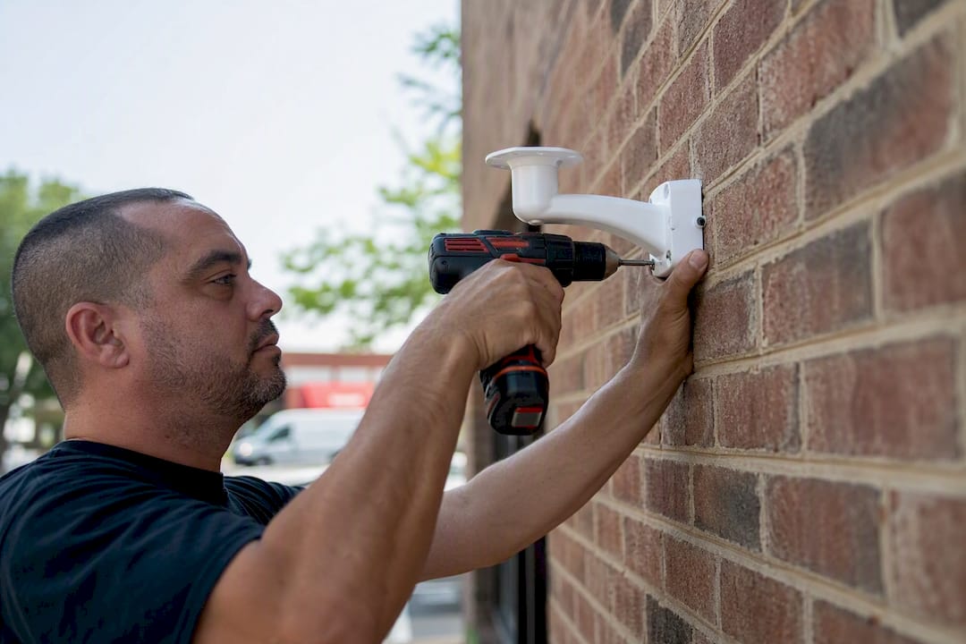 Installer mounting camera bracket with drill