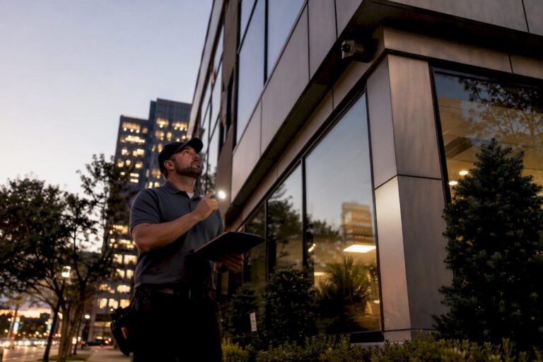 Security technician surveying commercial site