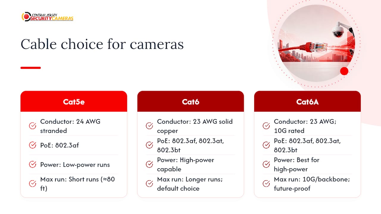 Comparison chart of Ethernet cable types for cameras