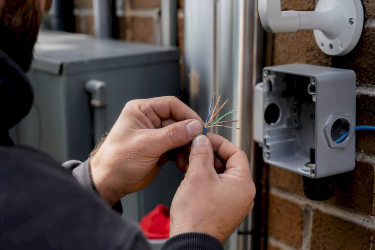 Technician wiring Ethernet cable outdoors