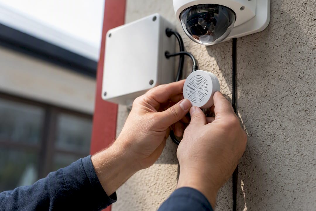 Technician installing external security camera microphone
