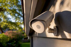 Close-up of security camera microphone part