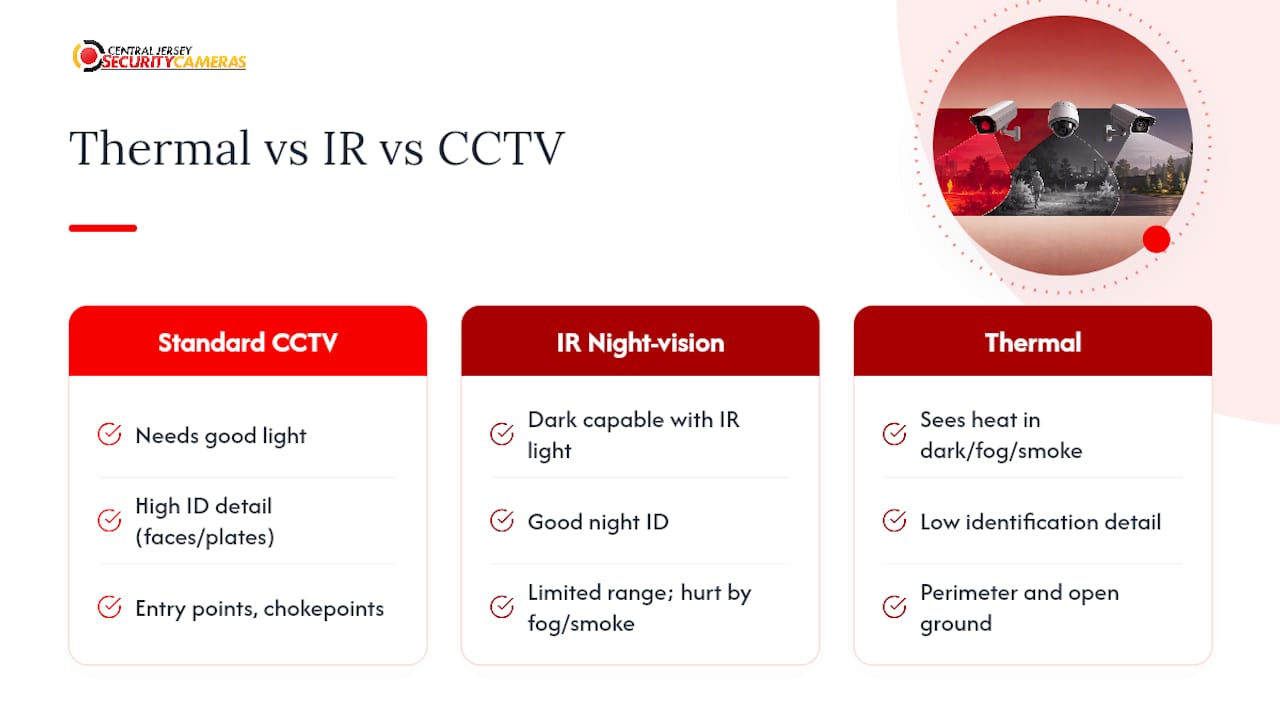 Comparison chart of thermal, infrared, and standard CCTV cameras