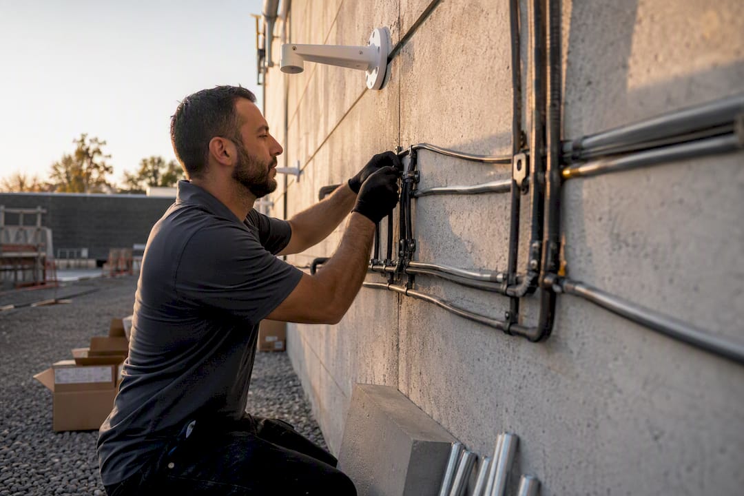 Technician hands routing Ethernet cables on steel girder