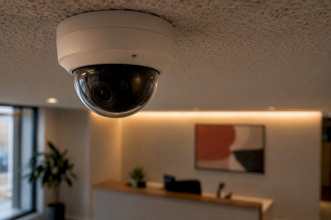 Dome camera mounted on office ceiling corridor
