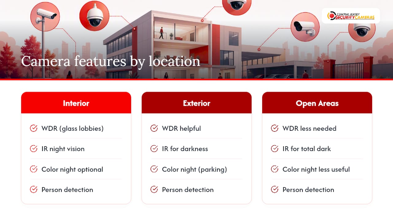 Diagram comparing security camera features for offices