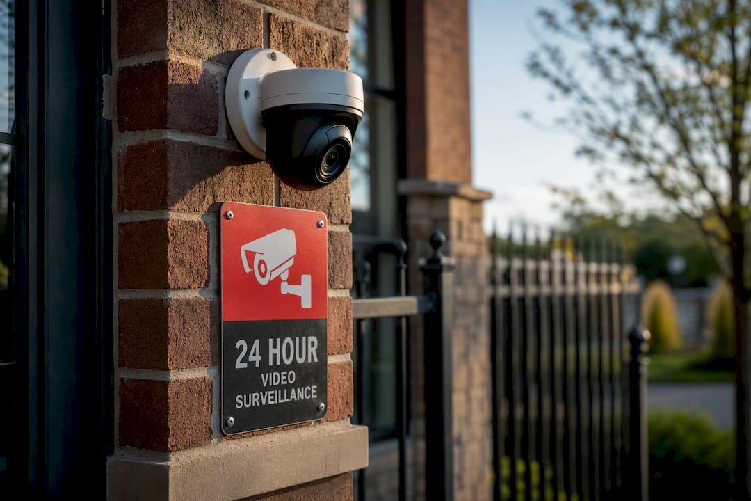 Security camera signage mounted by commercial entrance