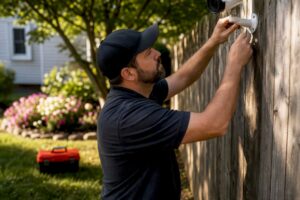 Hands installing outdoor CCTV camera on brick wall