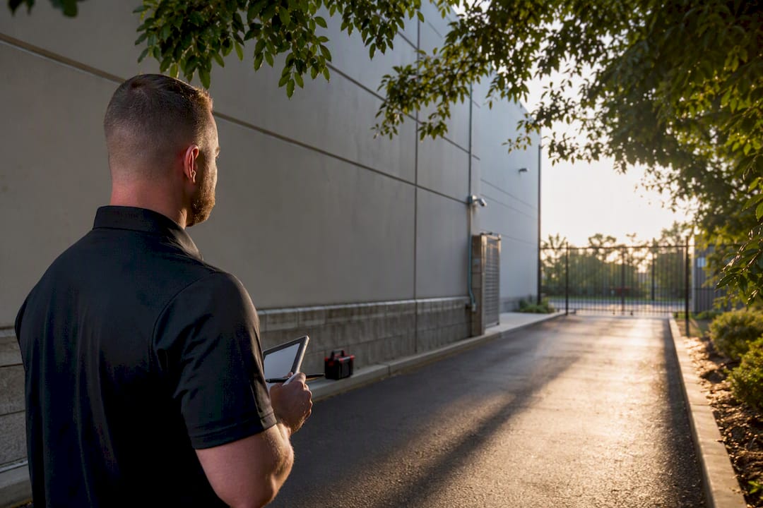 Installer assessing warehouse camera sightlines