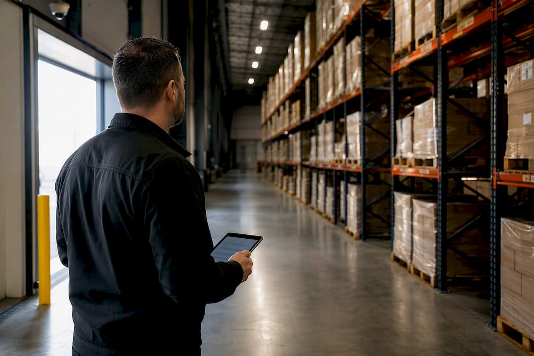 Assessor comparing warehouse dock and aisle views
