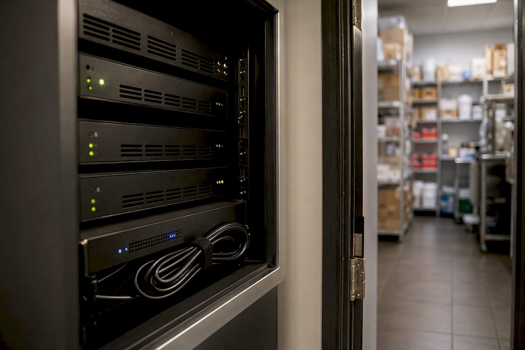 Recording hardware stored outside hot kitchen