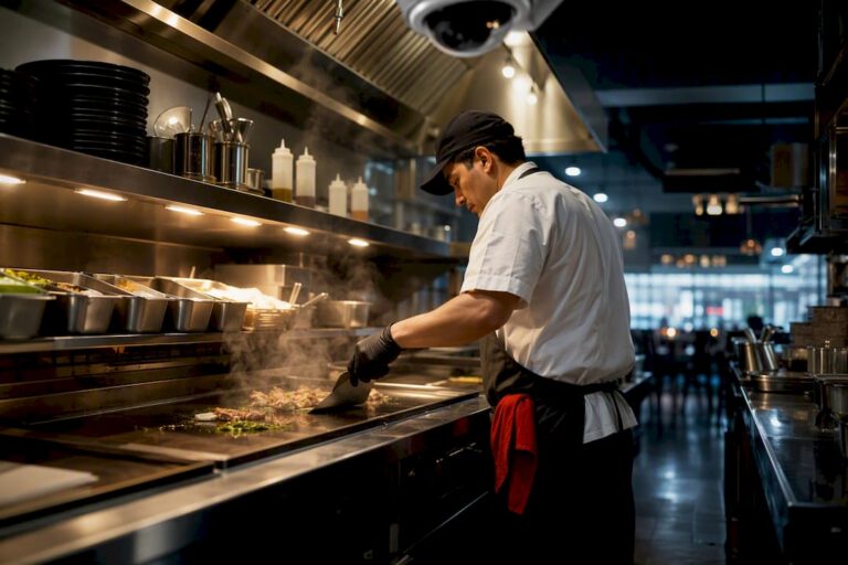 Restaurant cook line under camera coverage