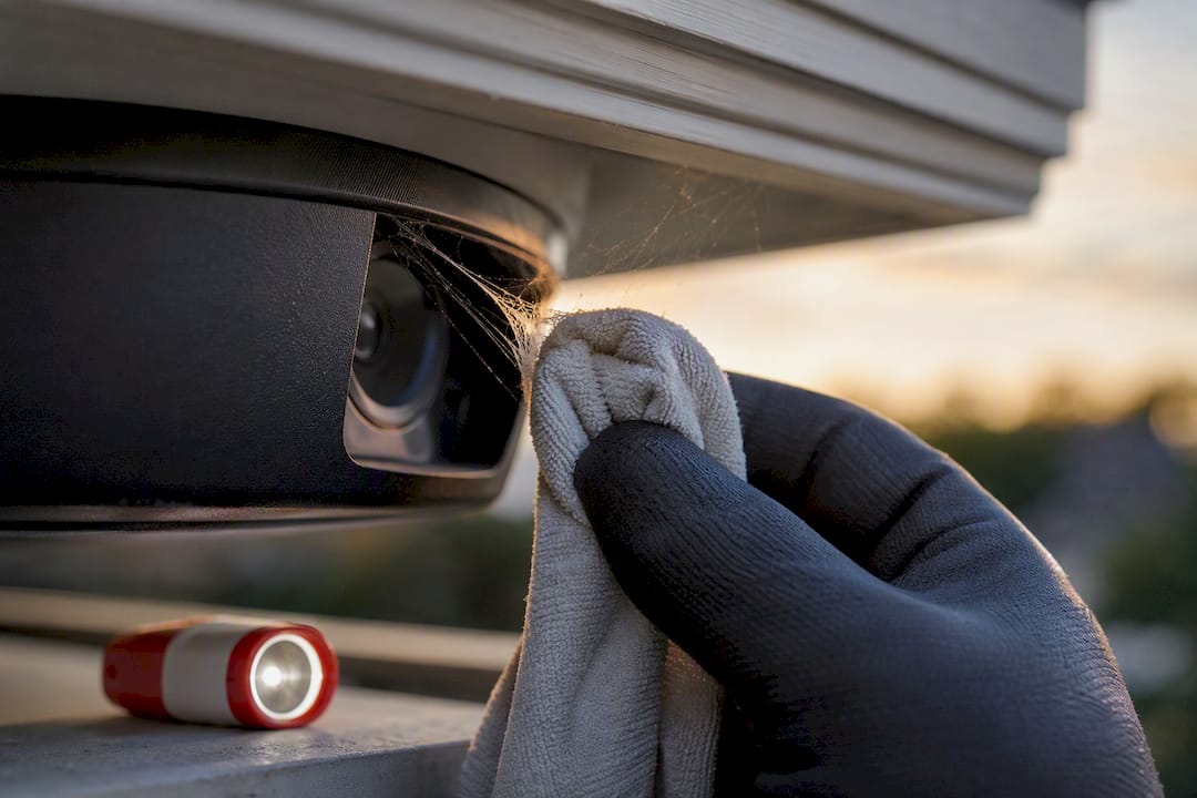Technician removing spider web from camera housing
