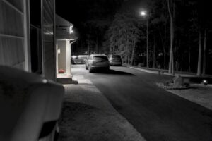 Infrared view of a residential driveway at night
