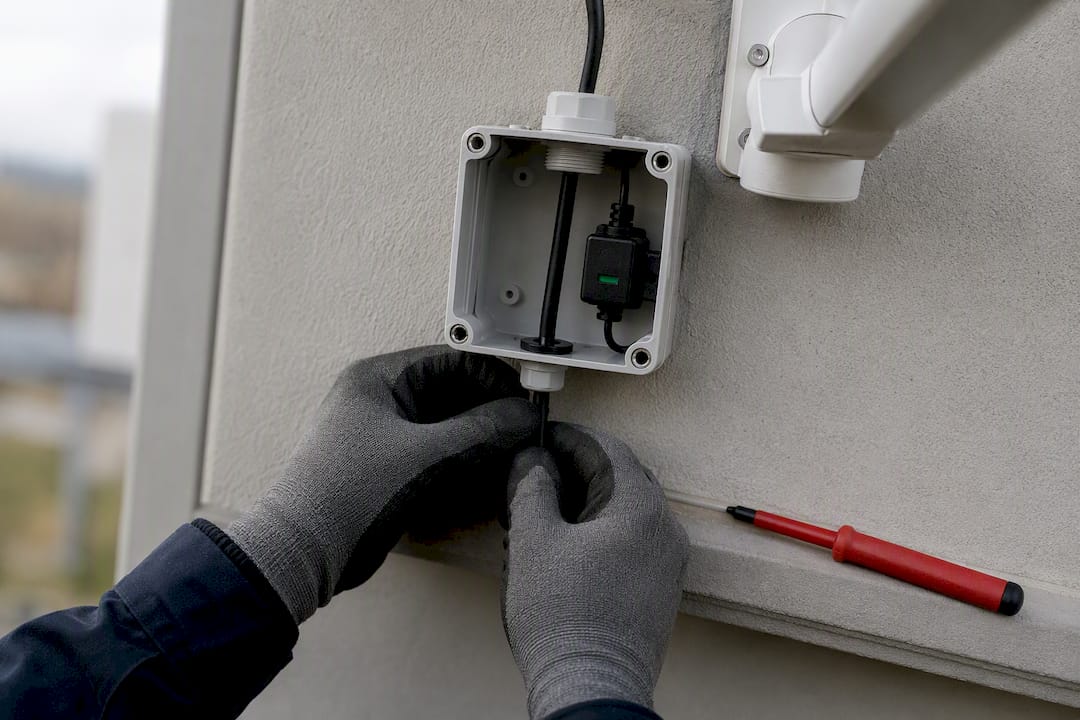 Technician routing cable beneath weatherproof junction box