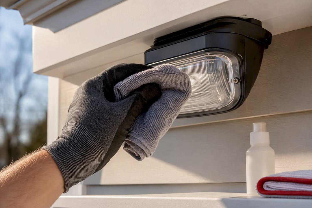 Technician cleaning an exterior security light lens