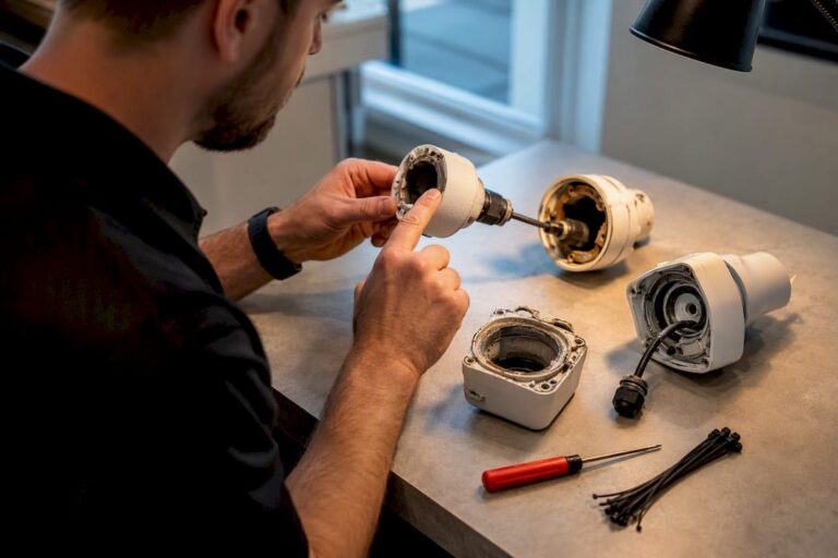 Technician inspecting aging camera housing components