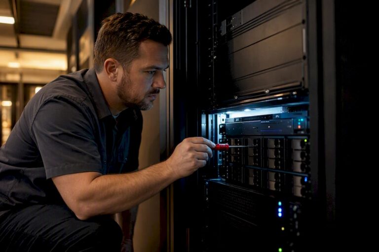 Technician reviewing CCTV storage retention equipment