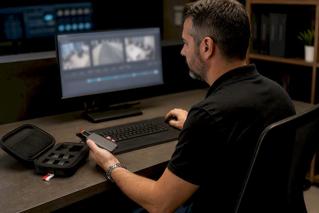 Technician verifying exported surveillance clip playback