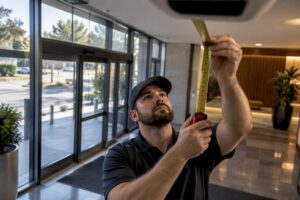 Installer surveying commercial doorway camera placement