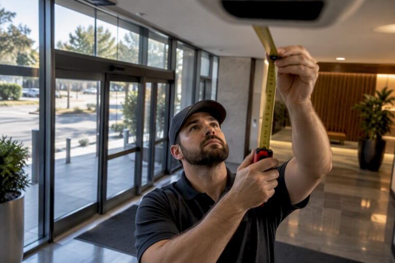 Installer surveying commercial doorway camera placement