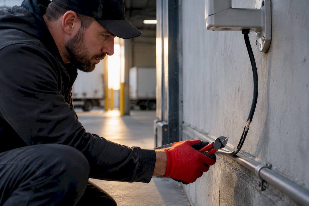Installer inspecting exposed camera cable route