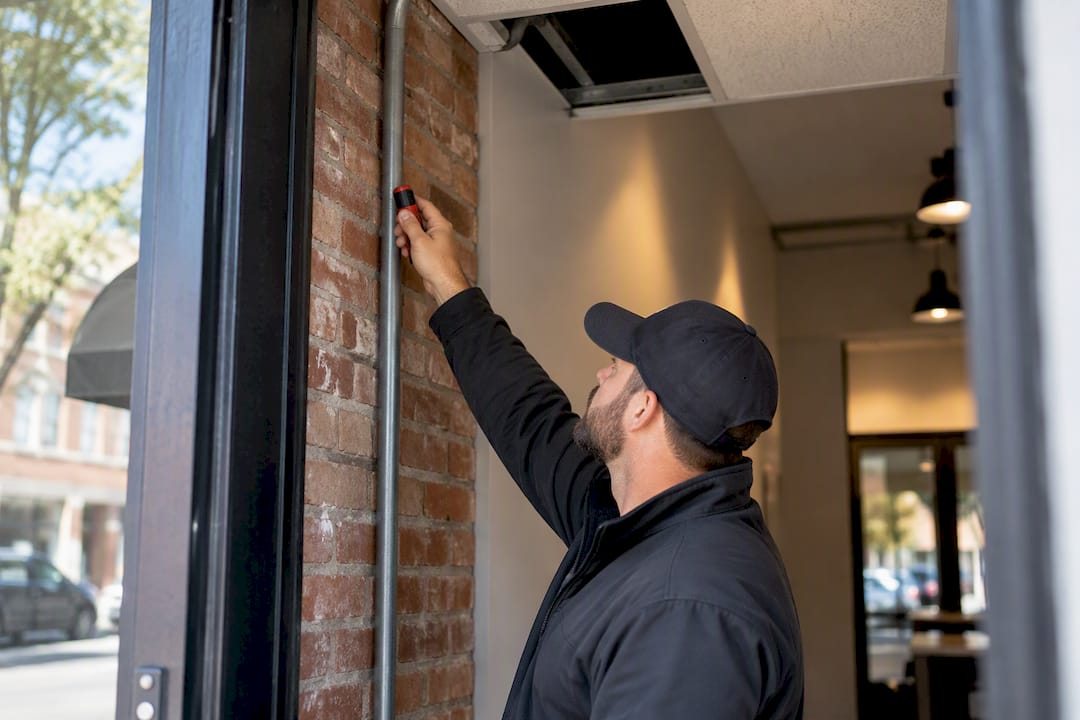 Installer assessing conduit in brick storefront
