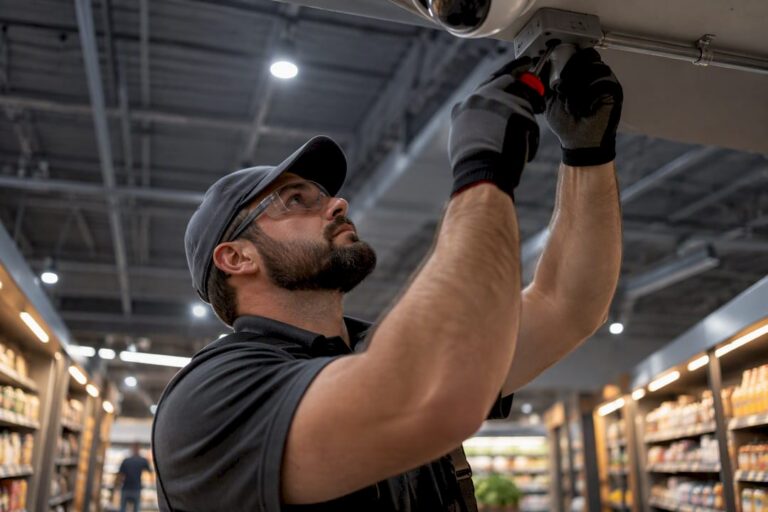 Technician installing commercial security camera