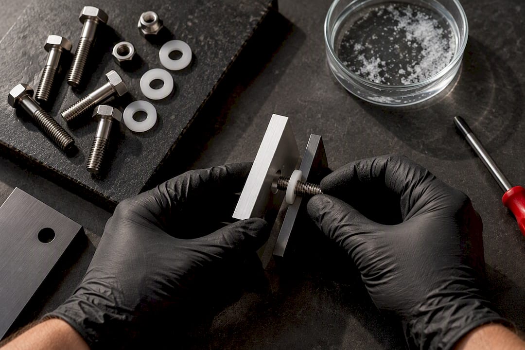 Marine-grade fasteners with insulating washers