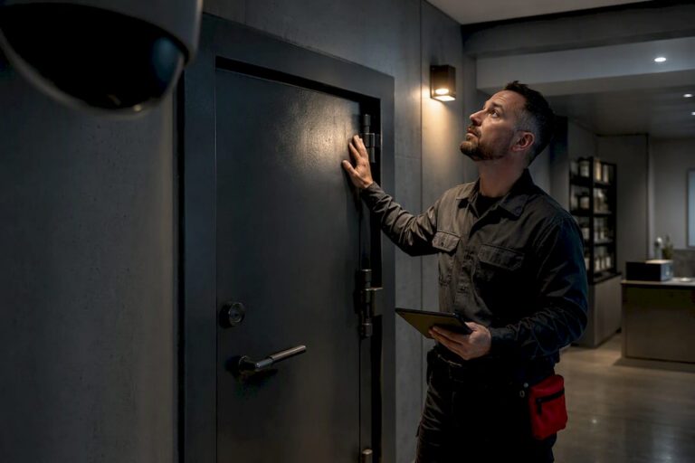 Technician evaluating dispensary vault camera coverage