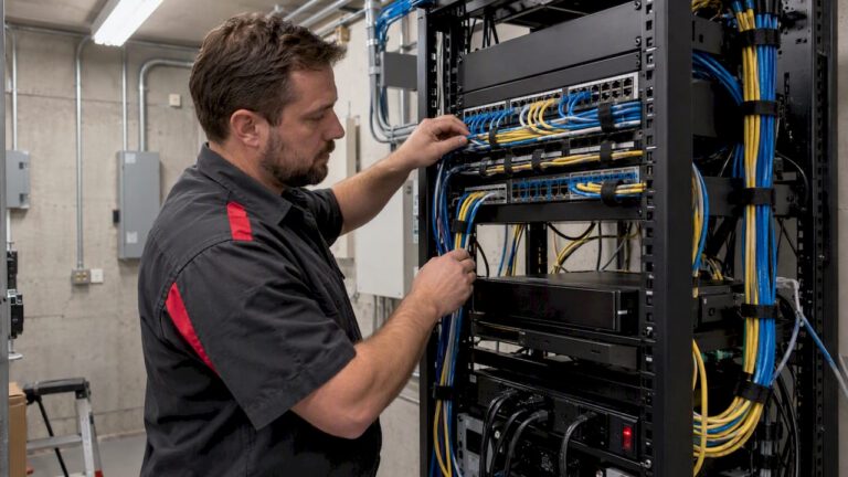 Technician inspecting a PoE camera network rack