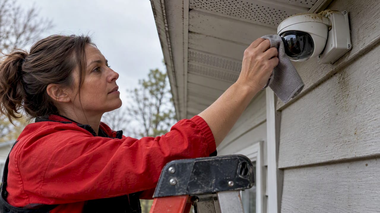 Technician cleaning outdoor camera lens