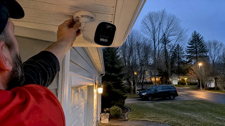 Outdoor color night vision camera at dusk
