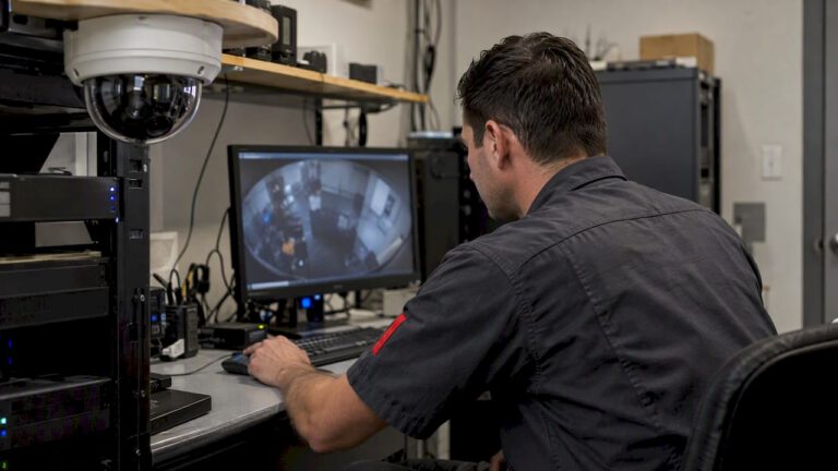 Installer reviewing a fisheye camera feed