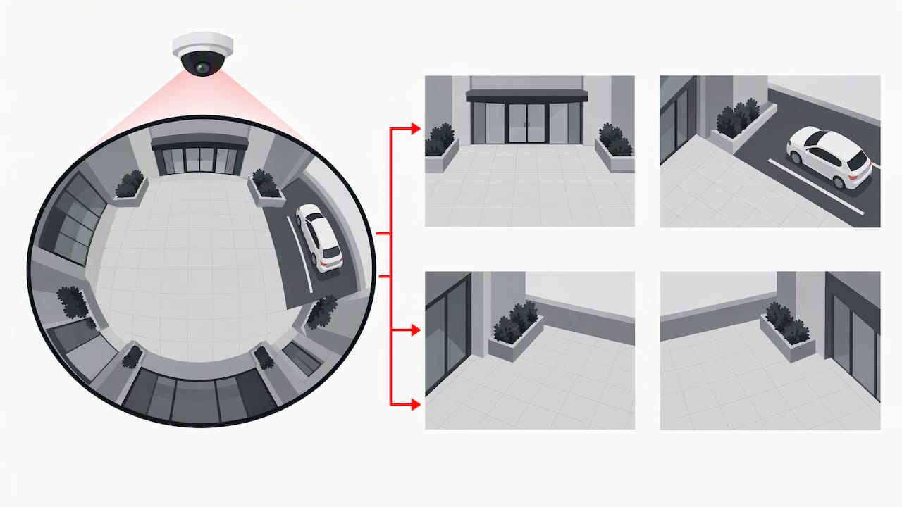 Fisheye view transformed into four corrected views