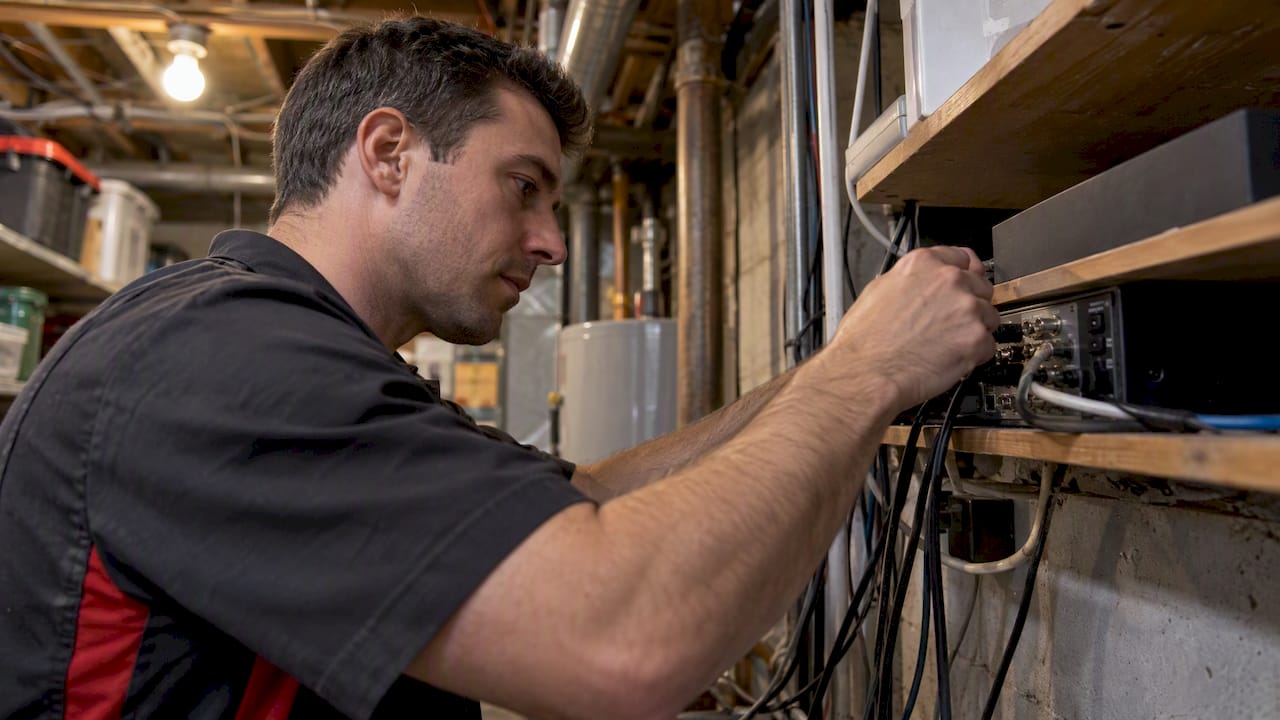 Installer checking CCTV recorder connections