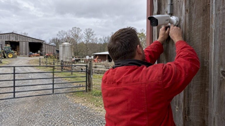Installer aims a camera across a farm equipment yard