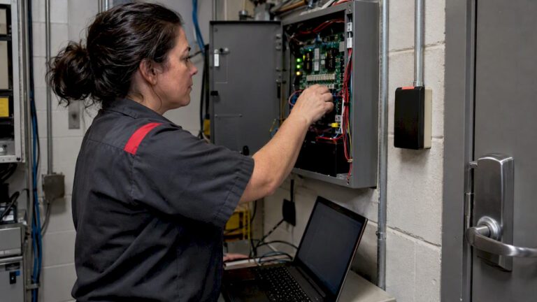 Technician servicing a commercial access control panel