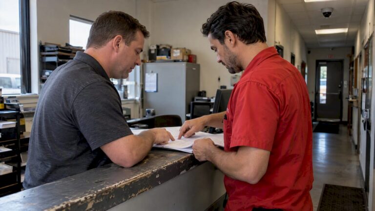 Facilities manager reviewing a CCTV maintenance agreement
